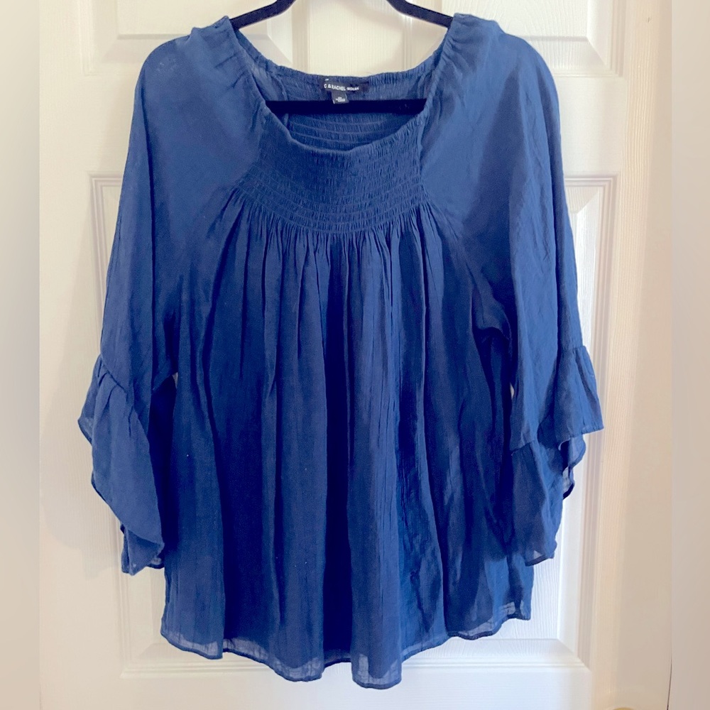 C& Rachel 2x; 3/4 bell sleeve; Navy blue; ruching around neckline